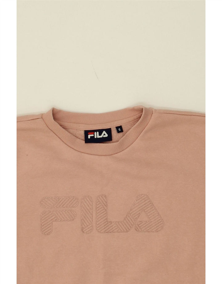 FILA Womens Oversized Crop Graphic Sweatshirt Jumper UK 10 Small Pink Vintage Fila and Second-Hand Fila from Messina Hembry 
