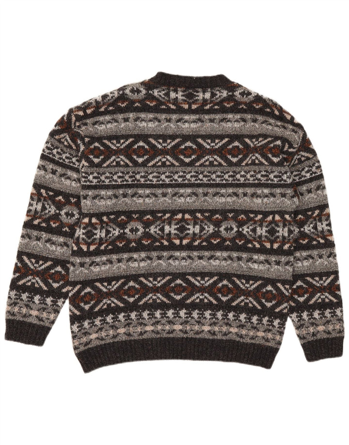 Vintage hombres cuello redondo jersey suéter medio multicolor Fair Isle
