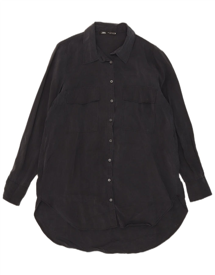 ZARA Vestido Camisero Mujer UK 44 Mediano Negro Modal