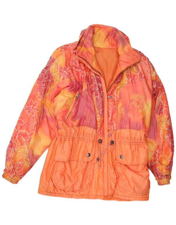 Vintage mujer chaqueta acolchada de gran tamaño Reino Unido 14 poliamida floral naranja mediana