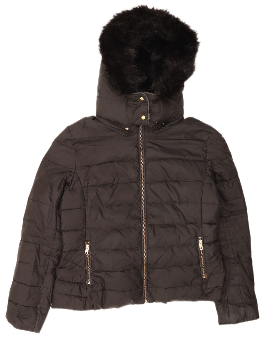 Zara Mujer Chaqueta Acolchada Con Capucha ES 40 XL Poliéster Negro