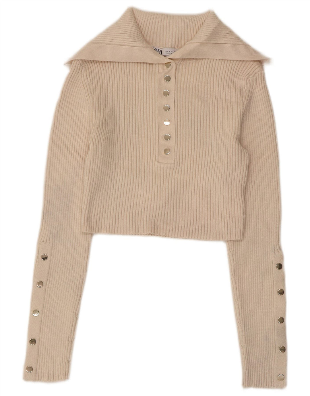 ZARA Jersey corto con cuello tipo polo para mujer, talla 40, viscosa beige mediana
