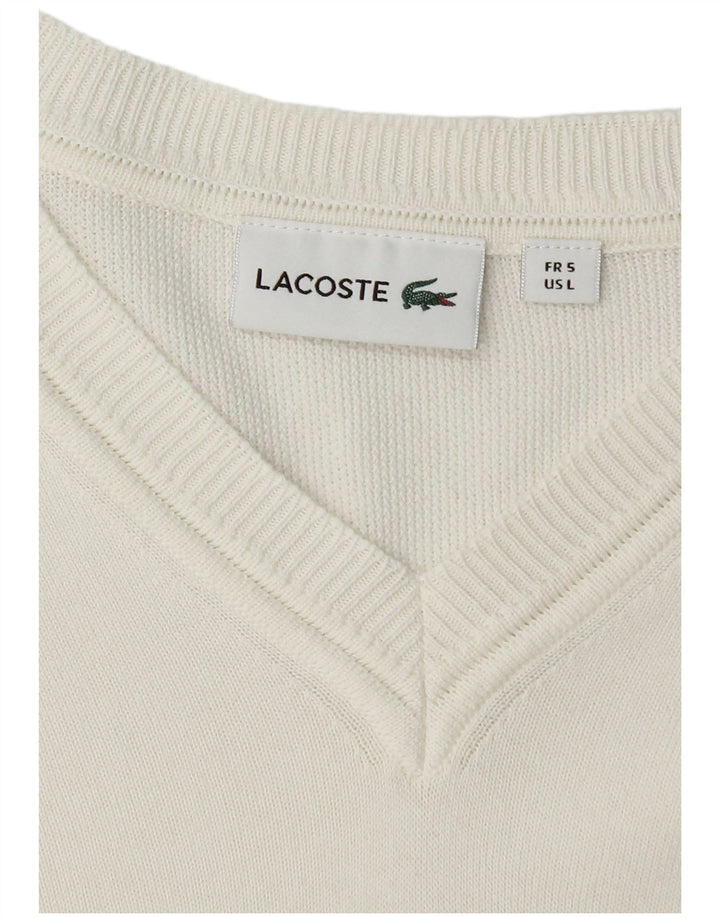 LACOSTE Mens V-Neck Jumper Sweater Size 5 Large White Cotton
