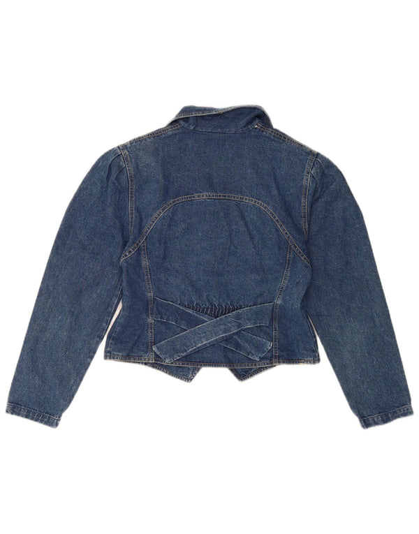 Vintage mujer gráfico crop denim chaqueta Reino Unido 6 XS azul floral