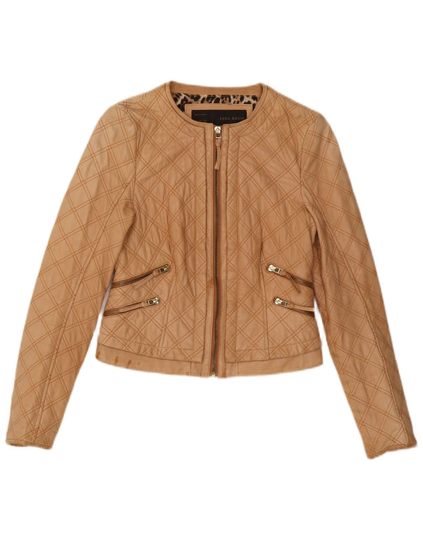 Zara Mujer Crop Chaqueta Acolchada De Piel Sintética UK 8 Small Beige Poliéster