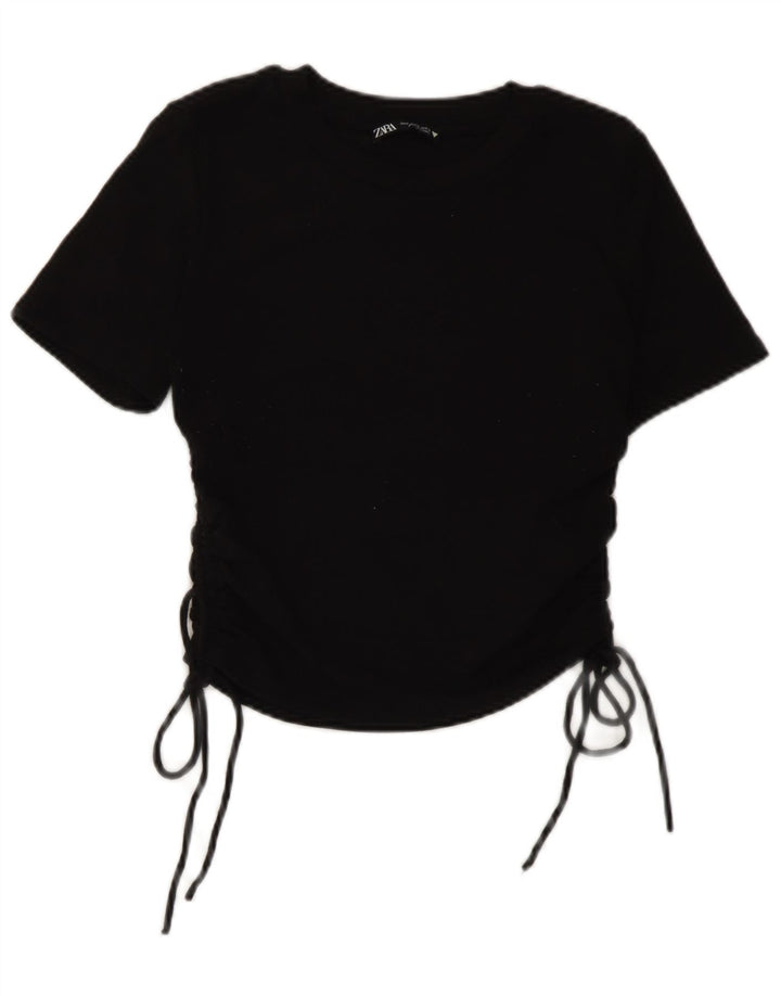 Zara Mujer Crop Blusa Top UK 42 Medio Negro Poliéster