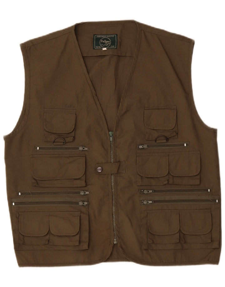 VINTAGE Hombres Utility Gilet Reino Unido 40 Algodón Marrón Grande