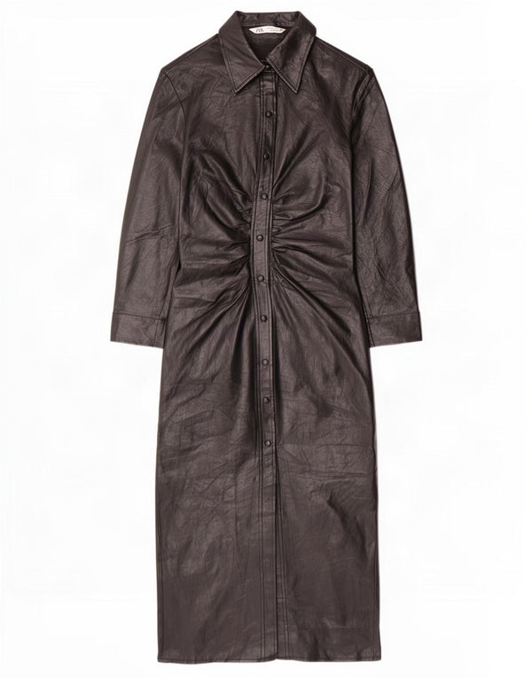 Zara Vestido Camisero De Piel Sintética Para Mujer UK 42 Medium Poliuretano Negro
