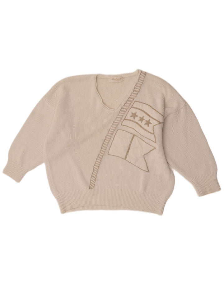 Vintage mujer gráfico V-cuello jersey suéter Reino Unido 14 medio blanco