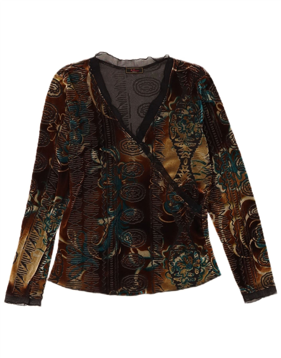 Vintage mujer terciopelo top manga larga Reino Unido 6 XS multicolor floral