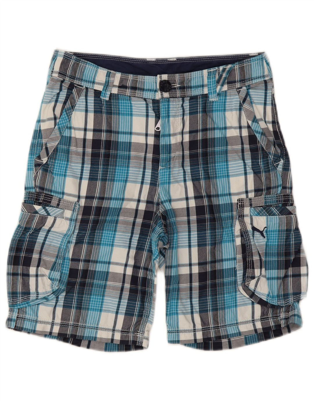 Puma Pantalones cortos cargo para niños 11-12 años W28 Algodón a cuadros azules