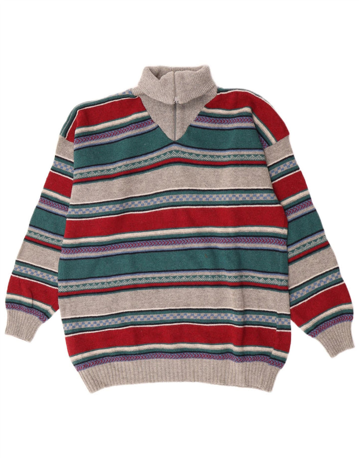 Vintage hombres zip cuello jumper suéter grande multicolor rayas lana de cordero