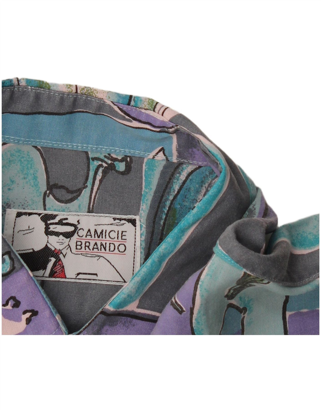 Vintage hombres patrón abstracto camisa de manga corta XL turquesa