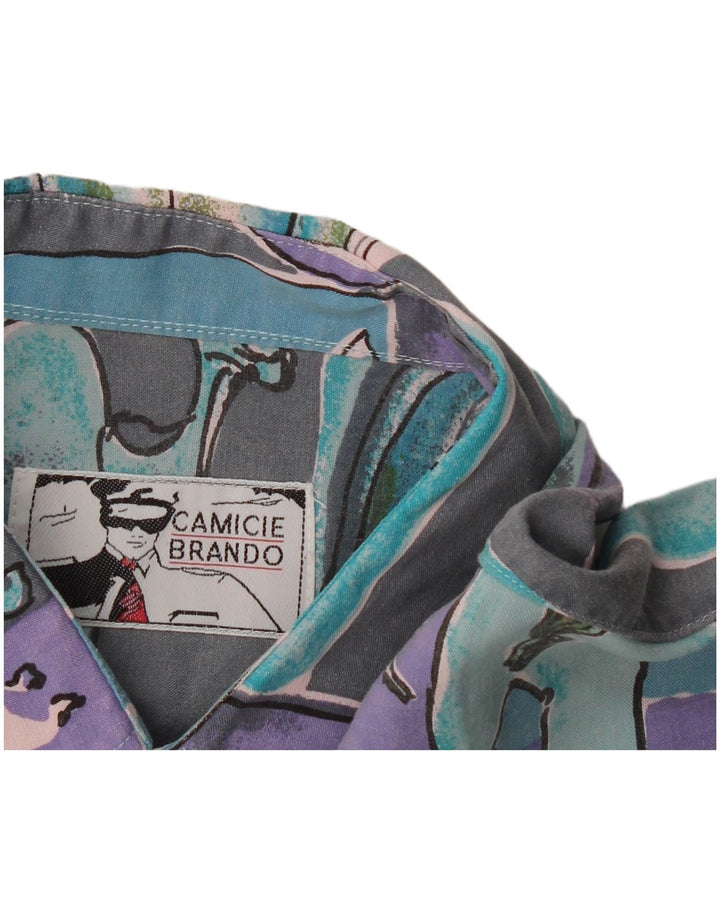 Vintage hombres patrón abstracto camisa de manga corta XL turquesa