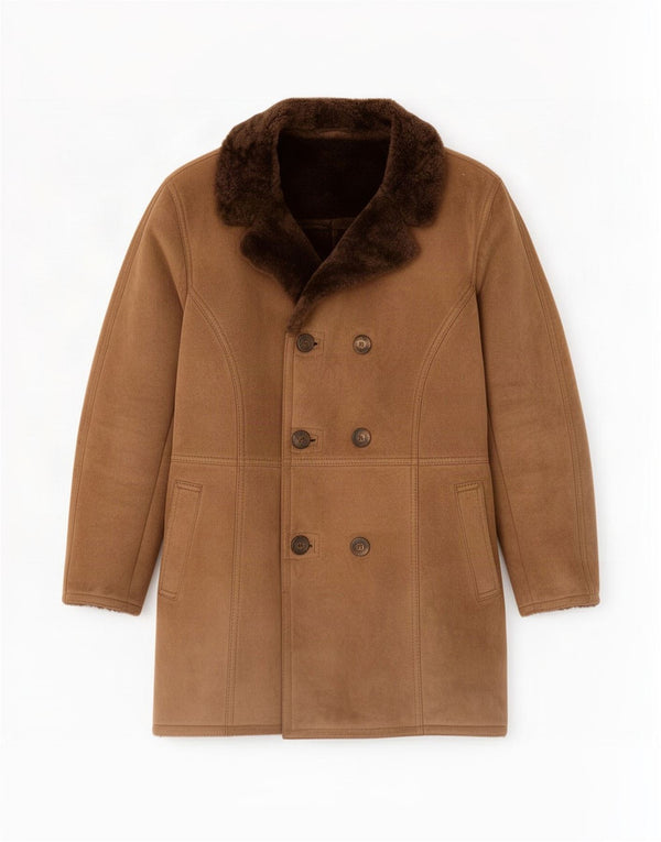 Vintage hombres holgado ajuste shearling doble pecho abrigo IT 46 pequeño marrón