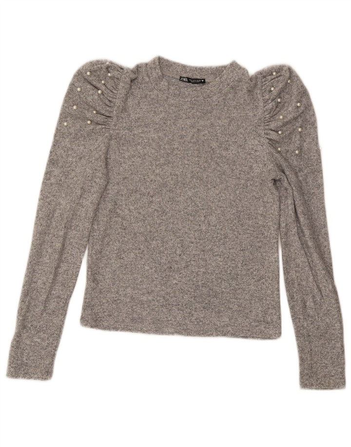 Zara Mujer Crop Top Manga Larga UK 10 Small Gris