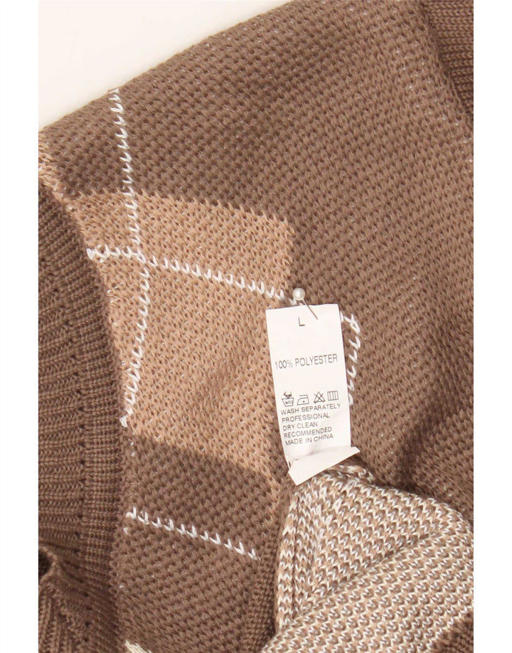 Vintage mujer V-cuello jumper suéter grande marrón Argyle/Diamond poliéster