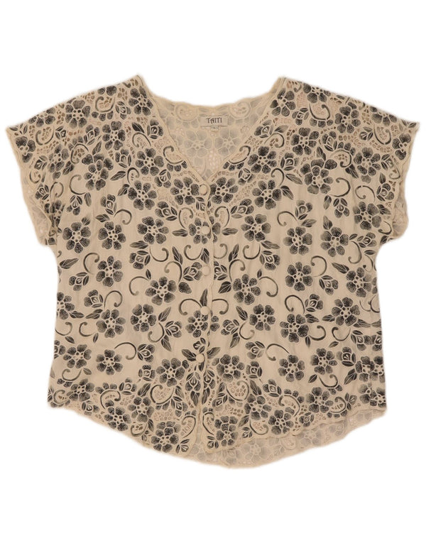 Vintage mujer camisa blusa Reino Unido 16 grande off blanco floral rayón