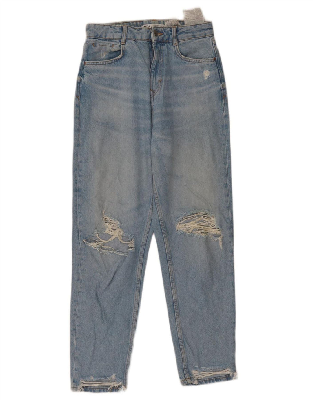 ZARA Mujer Vaqueros Cónicos De Cintura Alta Desgastados EU 36 XS W26 L27 Azul