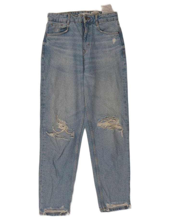 ZARA Mujer Vaqueros Cónicos De Cintura Alta Desgastados EU 36 XS W26 L27 Azul