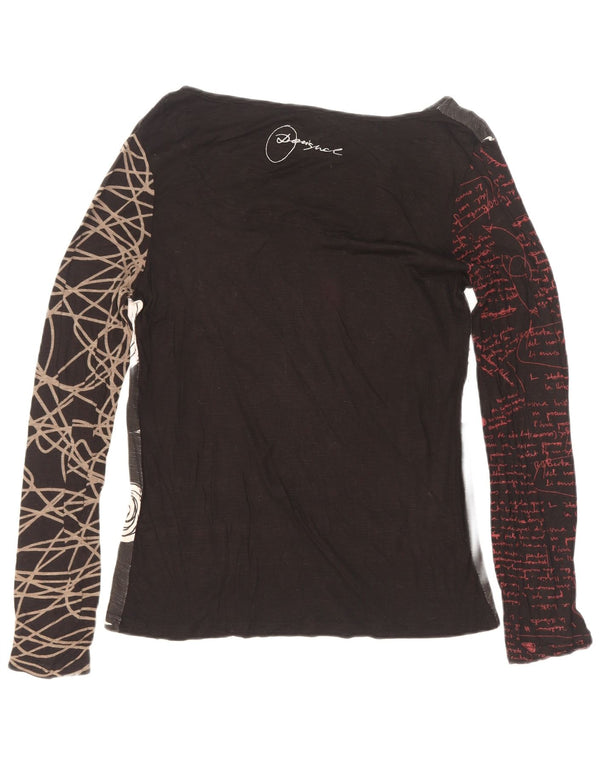 Desigual Mujer Gráfico Top Manga Larga UK 12 Medio Negro Floral Viscosa