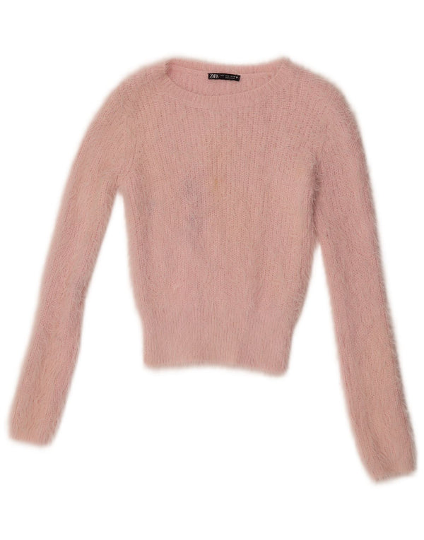 Zara Mujer Crop Boat Neck Jumper Sweater UK 8 Small Pink Nylon