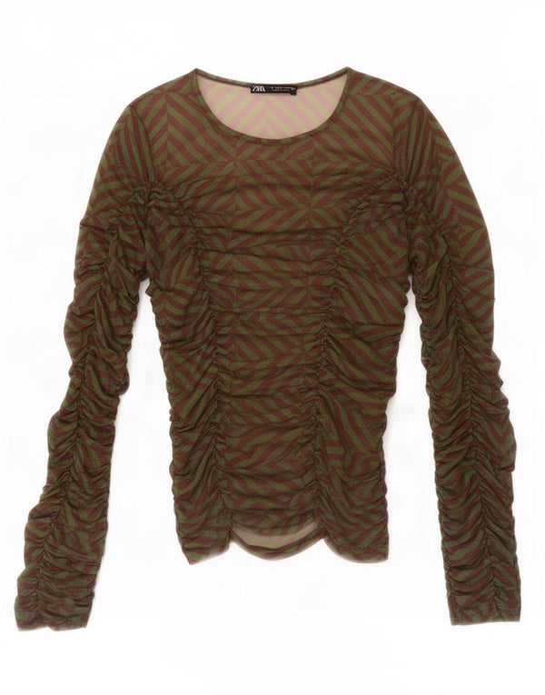 Zara Mujer Top Manga Larga UK 8 Small Verde Geométrico
