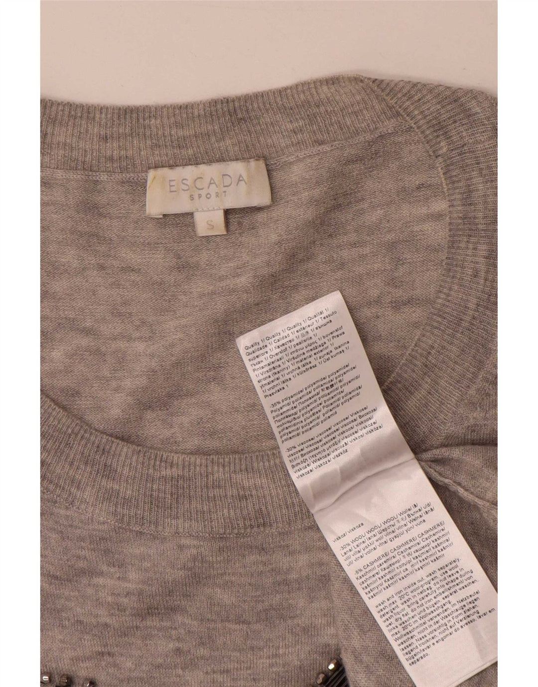 Escada Suéter tipo jersey con cuello barco y estampado gráfico para mujer, talla 10, color gris