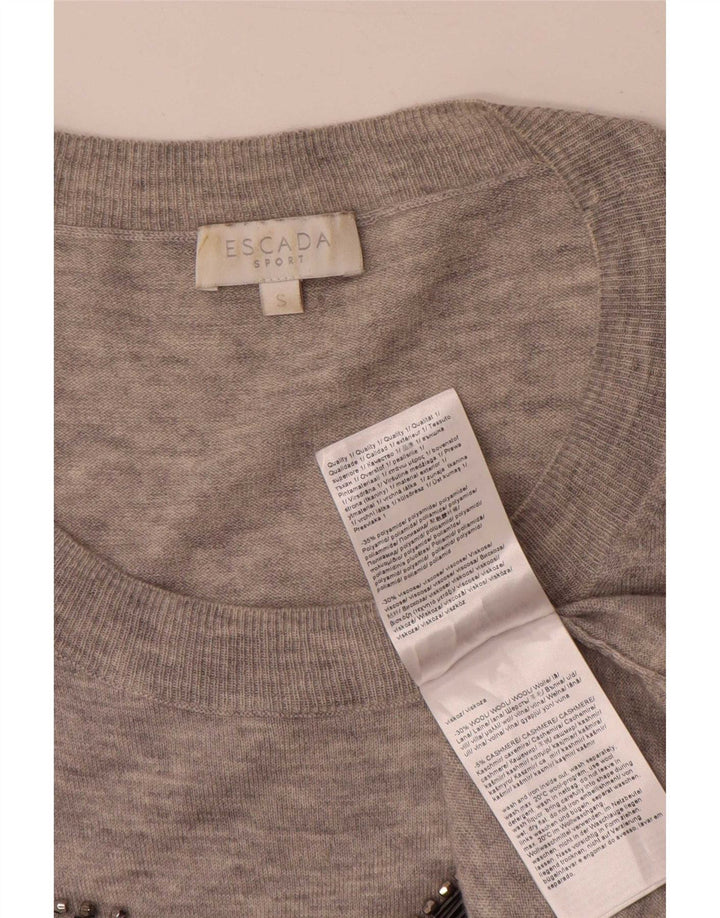 Escada Suéter tipo jersey con cuello barco y estampado gráfico para mujer, talla 10, color gris