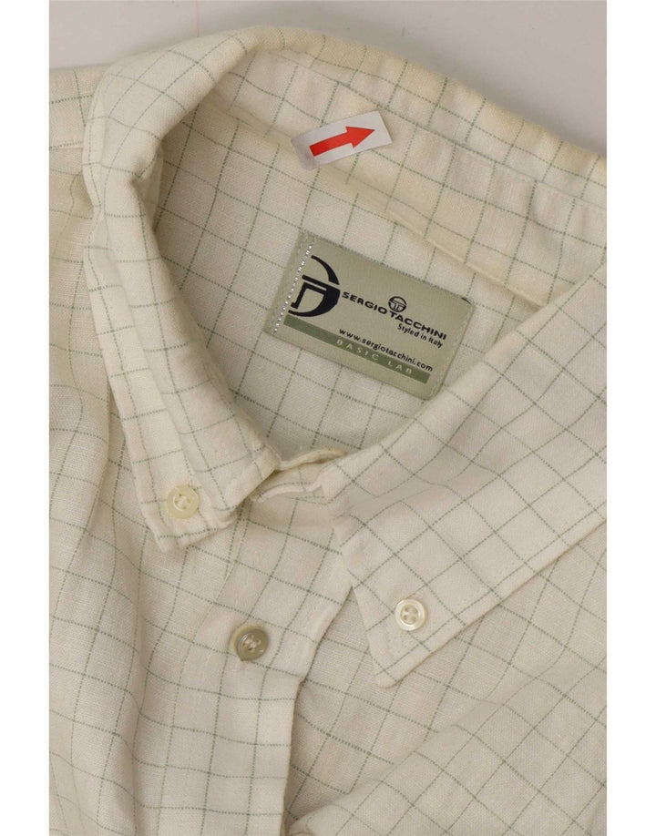 Sergio Tacchini Camisa Hombre XL Lino Cuadros Blanco
