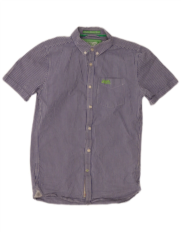 SUPERDRY Camisa de manga corta para hombre pequeña de algodón a cuadros azul marino