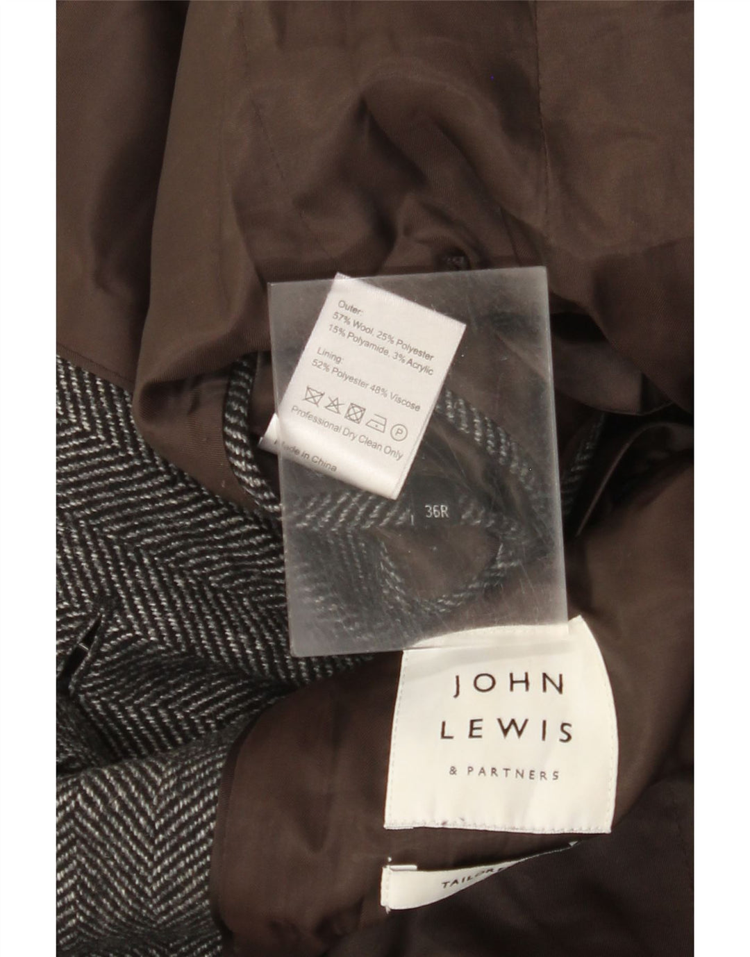 John Lewis Abrigo de corte regular a medida para hombre UK 36 Small Grey Herringbone