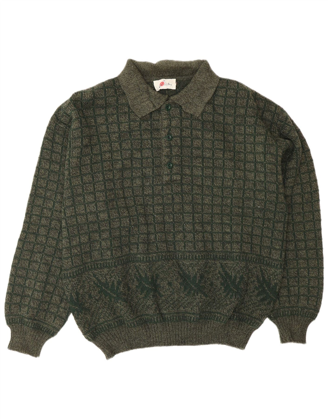 Vintage hombres polo cuello jersey suéter grande caqui geométrico acrílico