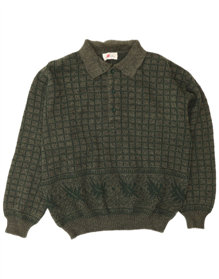 Vintage hombres polo cuello jersey suéter grande caqui geométrico acrílico