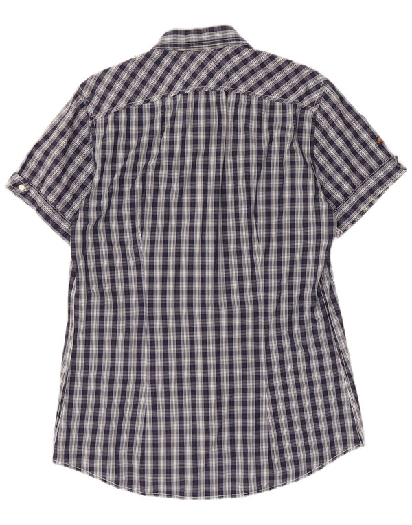 Fred Mello Camisa de manga corta para hombre de algodón a cuadros azul marino grande