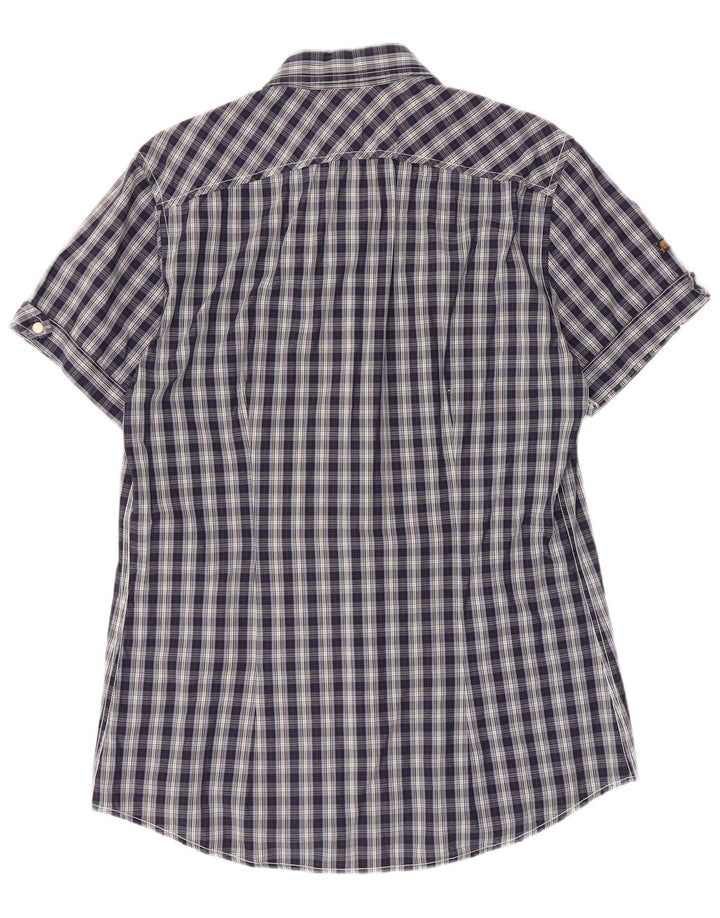 Fred Mello Camisa de manga corta para hombre de algodón a cuadros azul marino grande