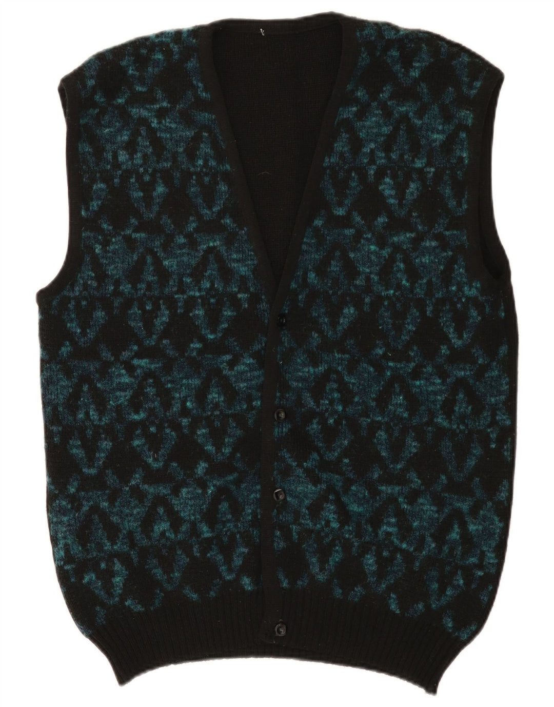 Vintage hombres sin mangas Cardigan suéter medio negro geométrico