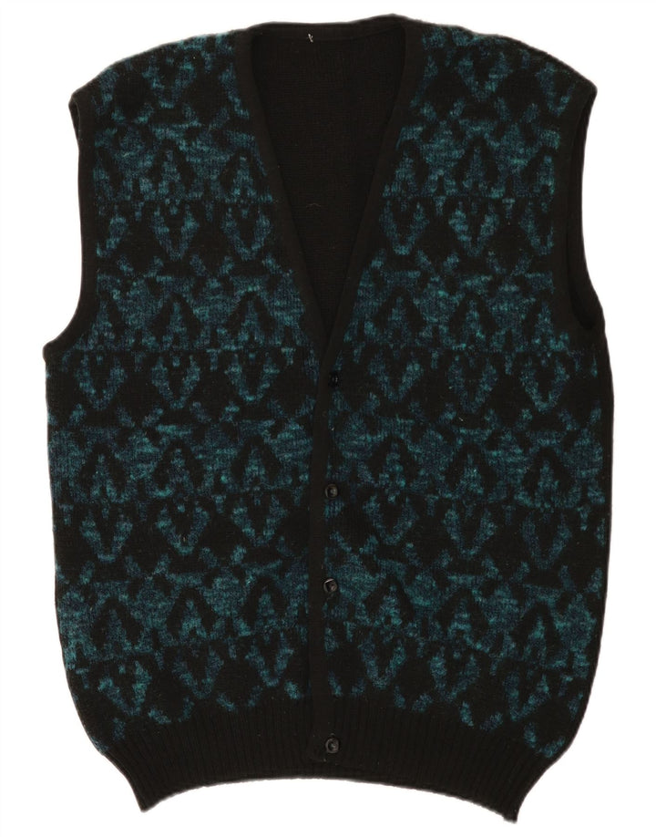 Vintage hombres sin mangas Cardigan suéter medio negro geométrico