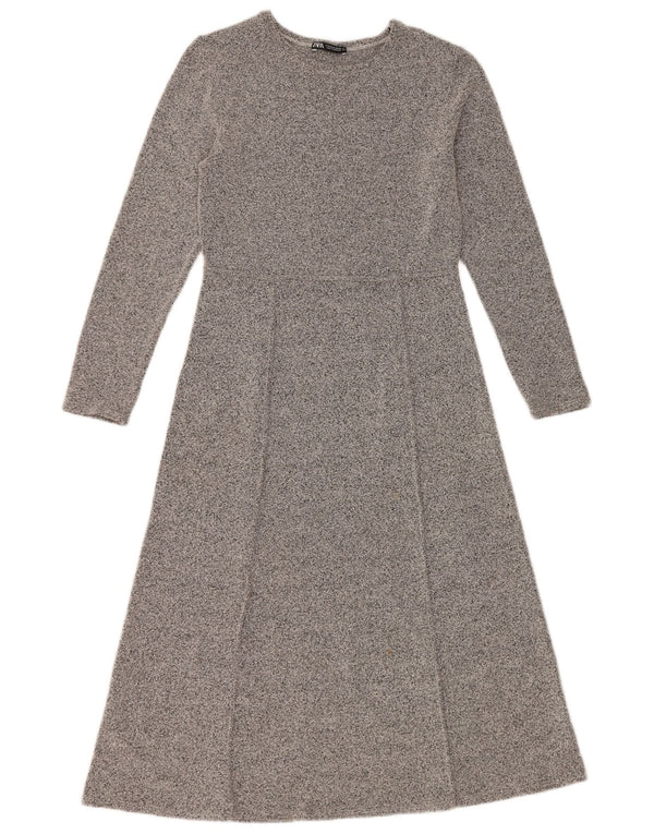 Zara Vestido Acampanado De Manga Larga Para Mujer UK 42 Gris Medio Moteado