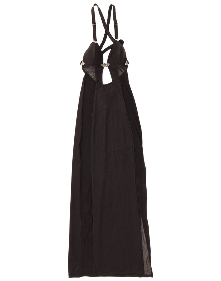Vintage mujer Halter Maxi vestido Reino Unido 12 medio negro poliamida