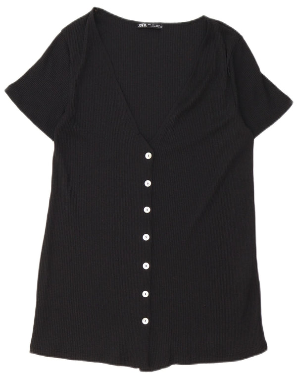 Zara Blusa Camisera De Manga Corta Para Mujer UK 40 Small Viscosa Negra