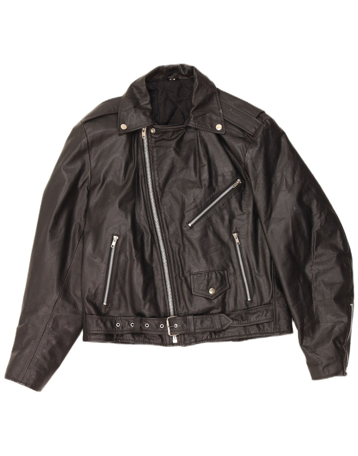 VINTAGE Chaqueta biker de cuero de gran tamaño para mujer Reino Unido 10 Pequeño cuero negro
