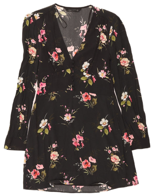 Zara Mujer Vestido Acampanado De Manga Larga UK 40 Small Negro Floral