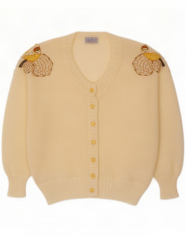Vintage mujer gráfico cardigan suéter Reino Unido 16 grande de mohair blanco