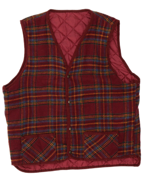 Vintage hombres reversible acolchado Gilet Reino Unido 40 gran cheque borgoña