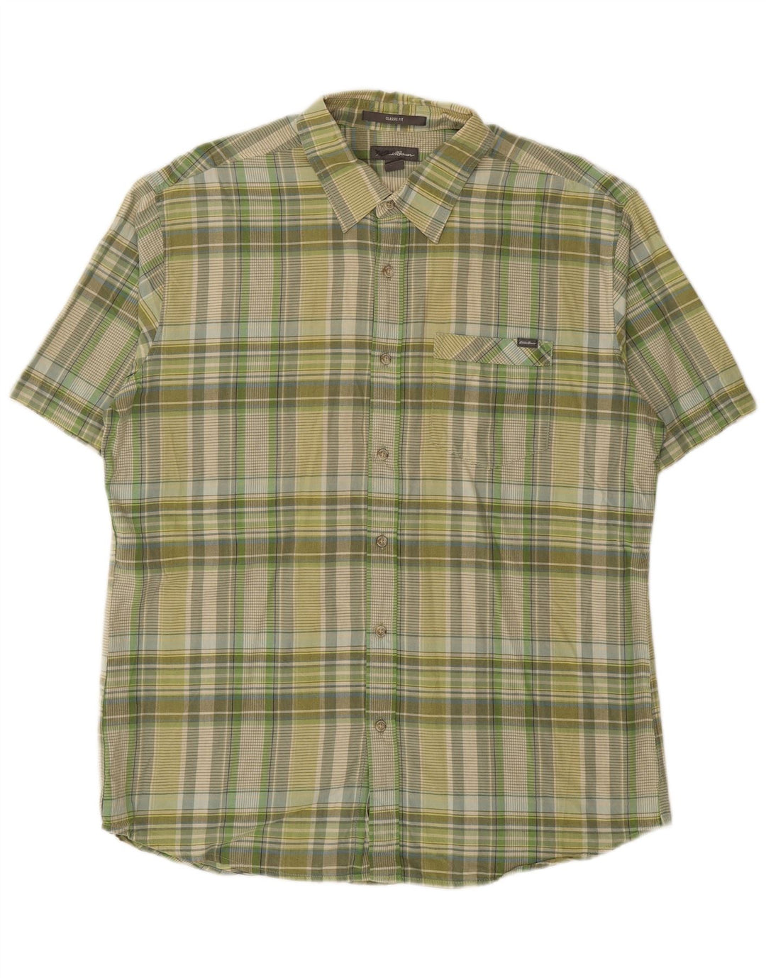 EDDIE BAUER Camisa de manga corta de ajuste clásico para hombre, algodón a cuadros verdes grandes