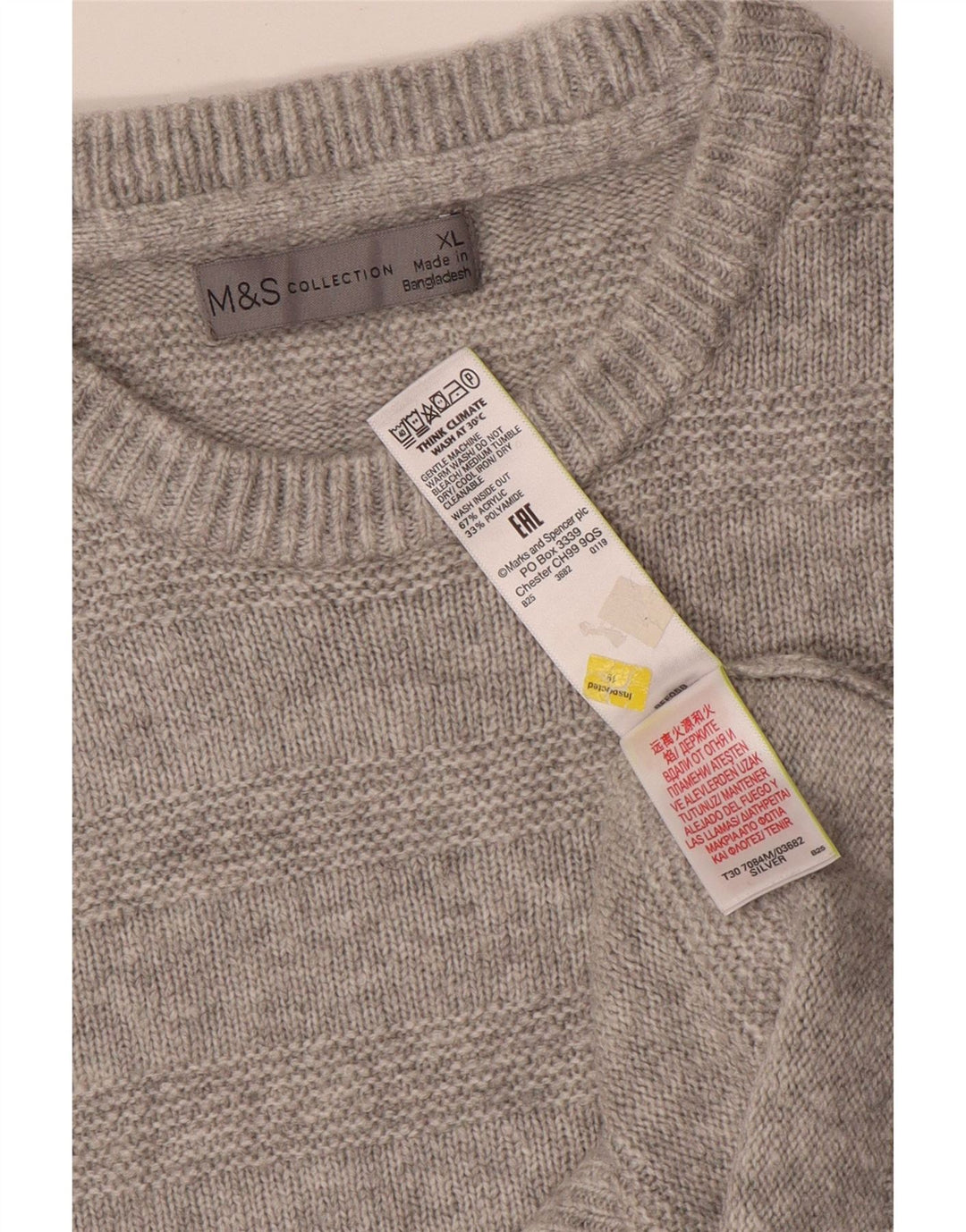 Marks & Spencer Jersey de Cuello Redondo para Hombre XL Acrílico a Rayas Gris