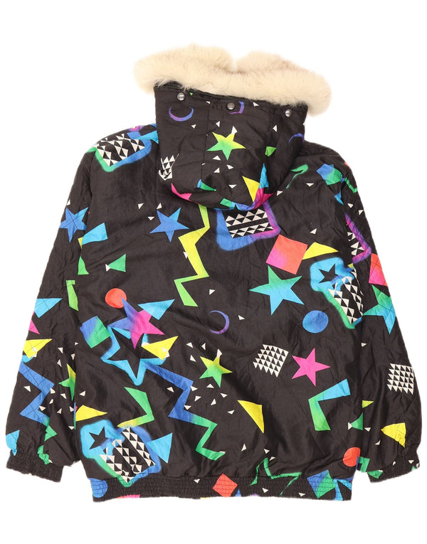 Vintage mujer chaqueta cortavientos con capucha Reino Unido 16 grande negro geométrico