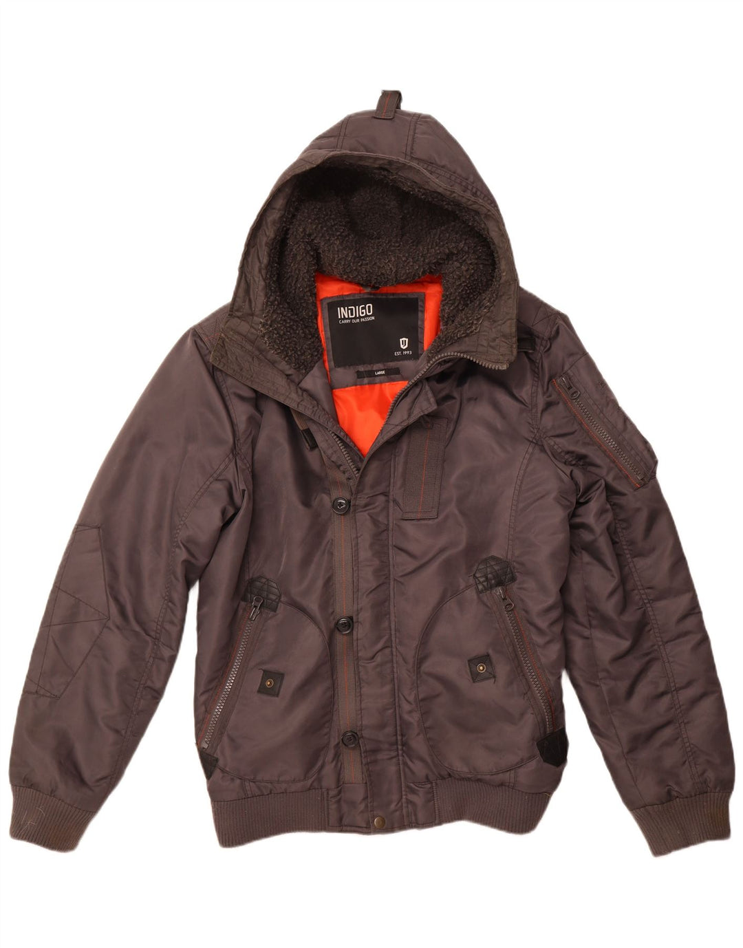 INDIGO Chaqueta bomber con capucha para hombre UK 40 Large Grey Nylon