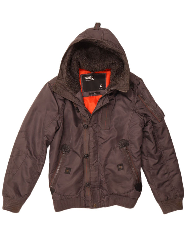 INDIGO Chaqueta bomber con capucha para hombre UK 40 Large Grey Nylon